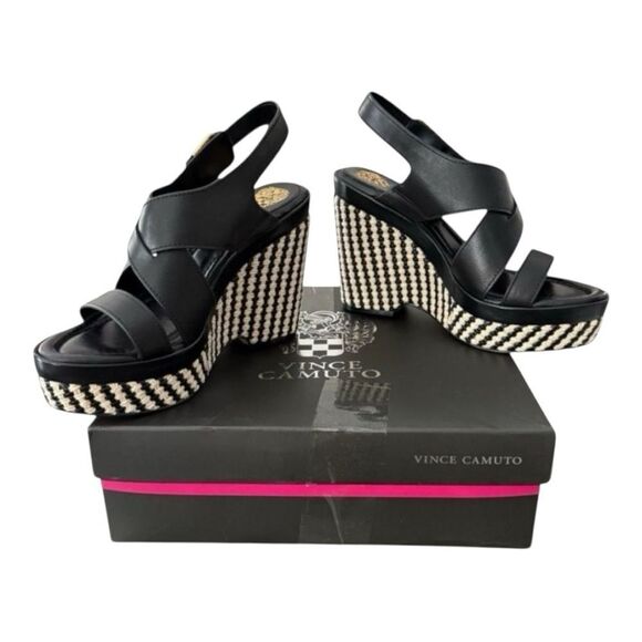 Vince Camuto Diliiah Black Tweed Checkered Wedge Platform Sandals Size 9 New - Picture 1 of 12